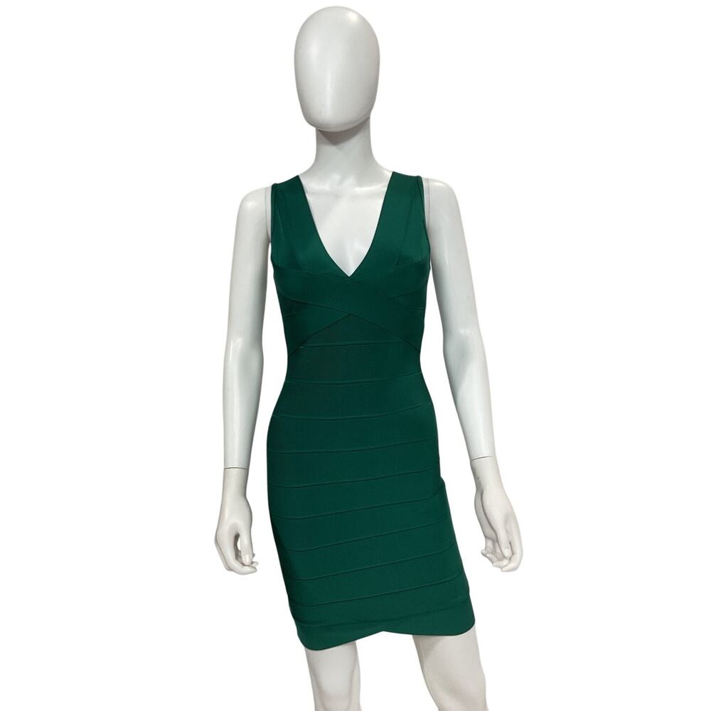 Herve Leger Sleek Alpine Green V Neck Bandage Mini Dress Size M NWT - Picture 2 of 5